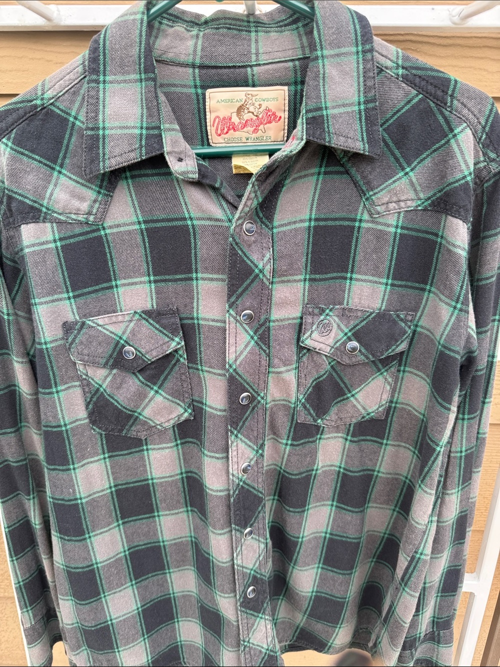 Vintage Wrangler Black and Green Plaid Western Snap Shirt Elvis custom back